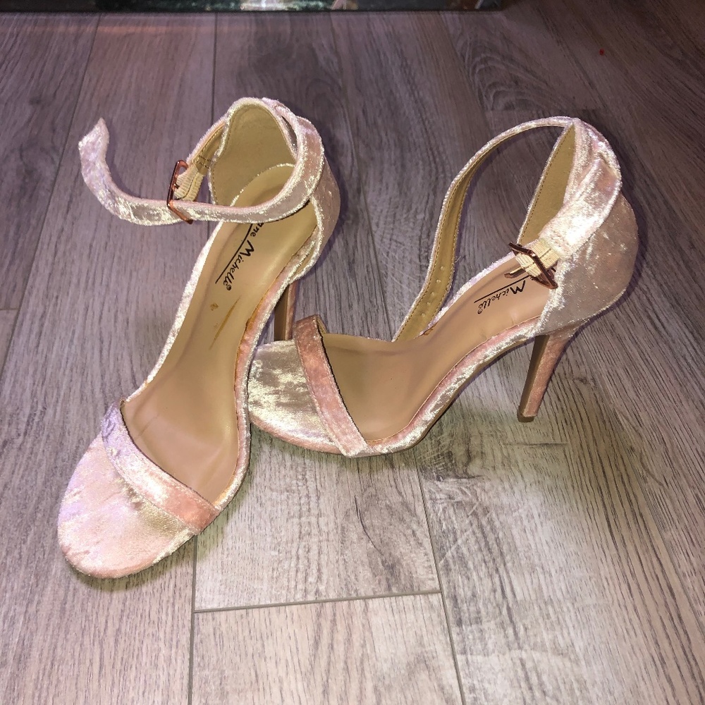 pink velvet open toed stilettos
